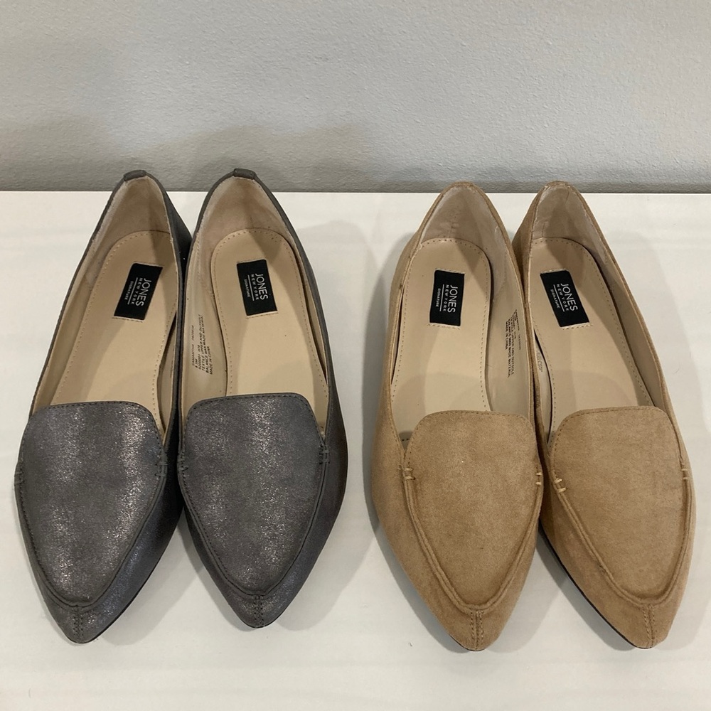 Jones New York Pointy Toe Flats 2 Pairs Sz 8.5 Gray Silver Metallic & Tan Color